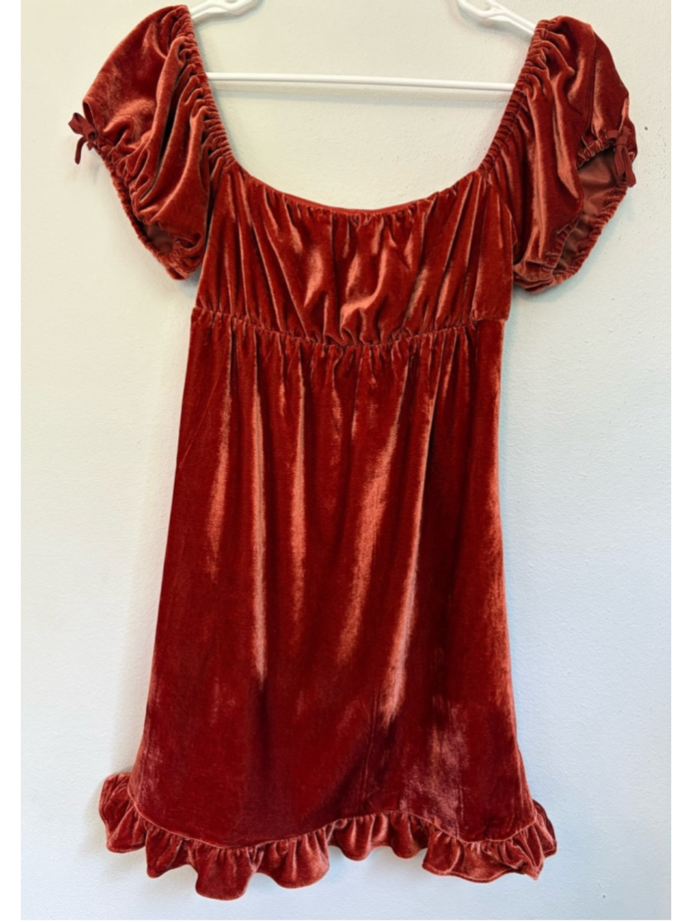 Urban Outfitters Claudette Velvet Babydoll Mini Dress XS Rust Puff Sleeve